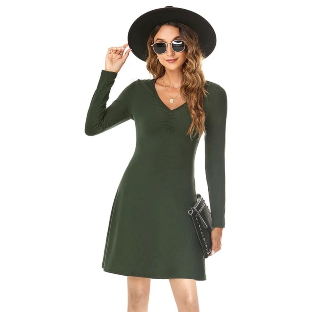 Camdoria Women's Elegant Deep V Neck Long Sleeve Ribbed Short Skater Dress A-lin